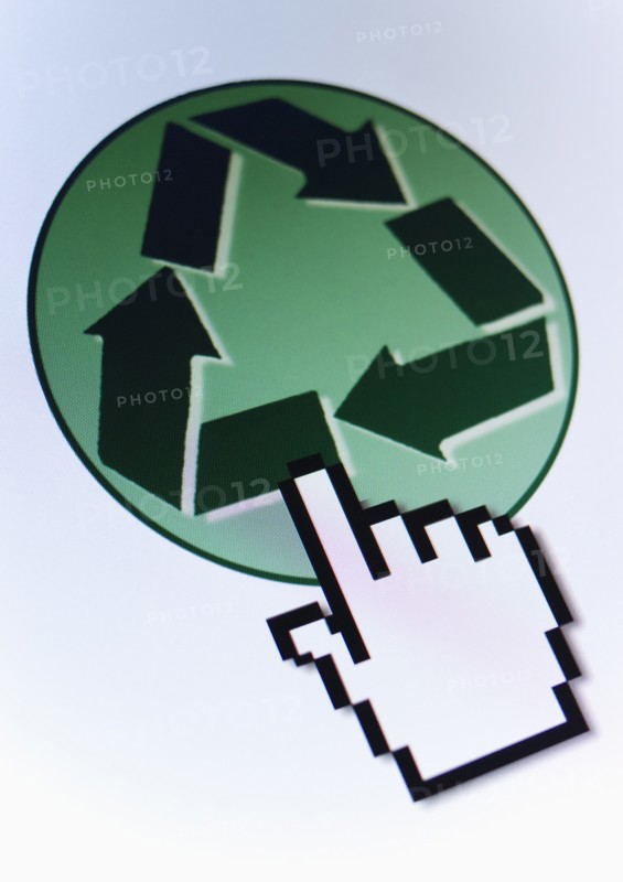 Studio shot of hand cursor on recycling icon. Photo: Jamie Grill Photography