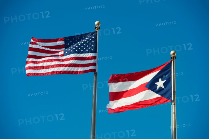 Puerto Rico, Old San Juan, flags of the USA and Puerto Rico.