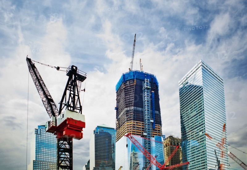 USA, New York, New York City, Modern skyscrapers under construction at Ground Zero.