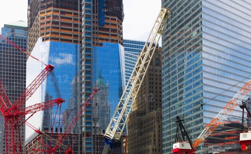 USA, New York, New York City, Modern skyscrapers under construction at Ground Zero.