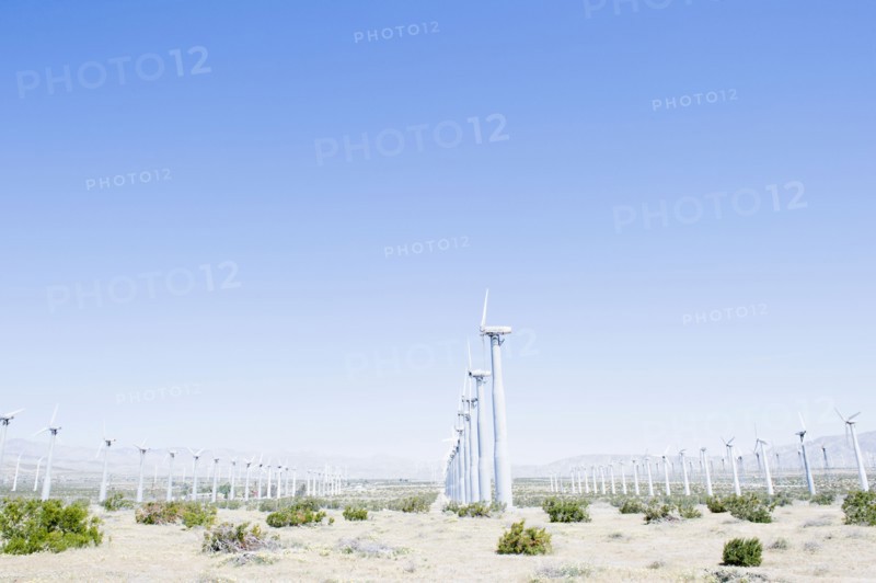USA, California, Palm Springs, Coachella Valley, San Gorgonio Pass, Wind turbines against blue sky. Photo : Jamie Grill Photography