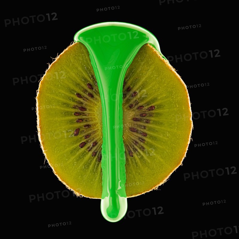Studio shot of kiwi covered with green paint. Photo : Mike Kemp
