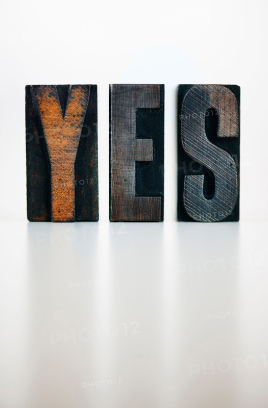 Wooden letter blocks spelling 'yes' studio shot.