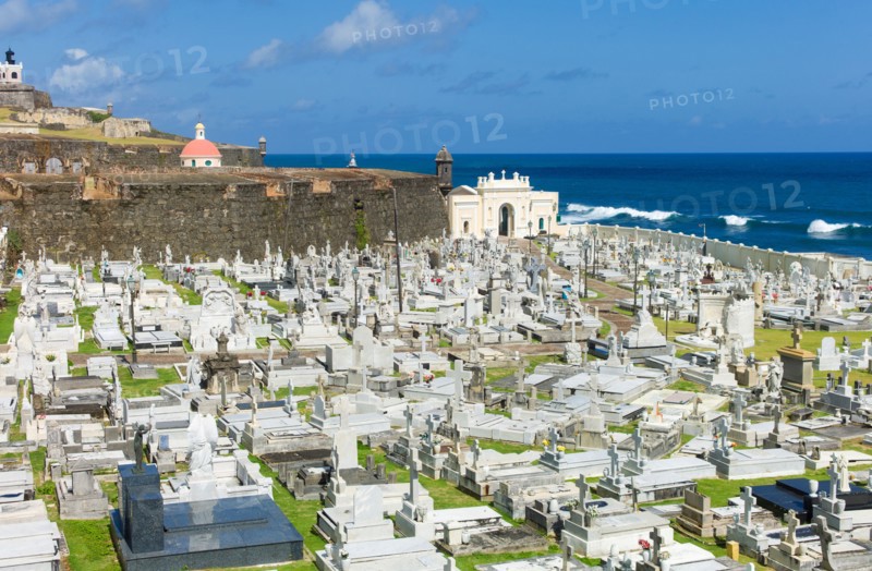 Puerto Rico, Old San Juan, View of Santa Maria Magdalena Cemetery with El Morro Fortress.