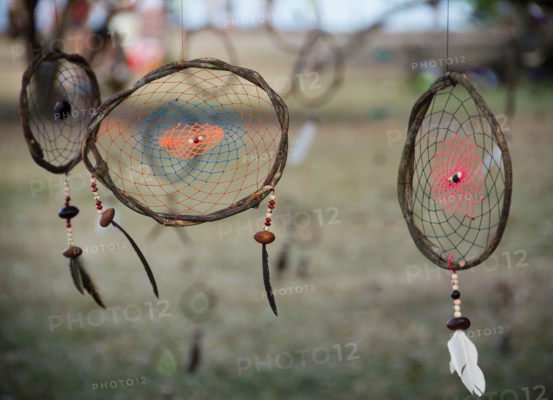 Brazil, Bahia, Trancoso, Dream catchers hanging. Photo : Jamie Grill Photography