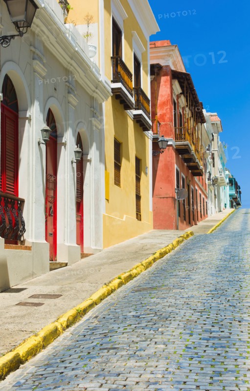 Puerto Rico, Old San Juan, Row of historic houses in Old Town.