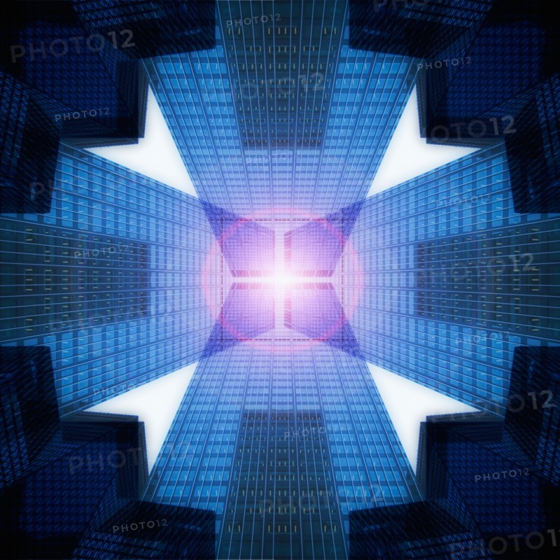 USA, New York, New York City, upward view of skyscrapers in abstract geometric shape.