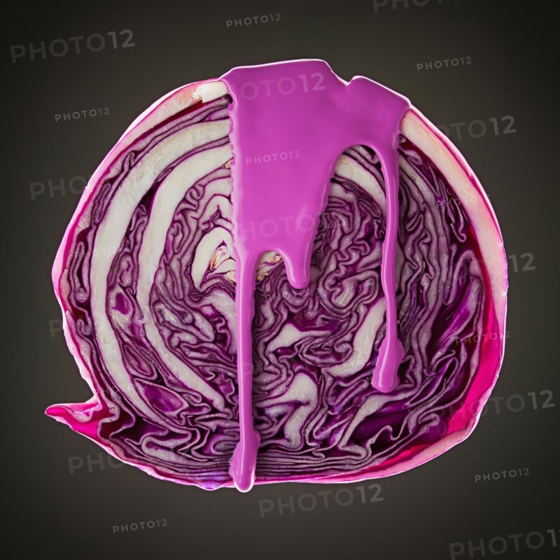 Studio shot of red cabbage covered with purple paint. Photo : Mike Kemp