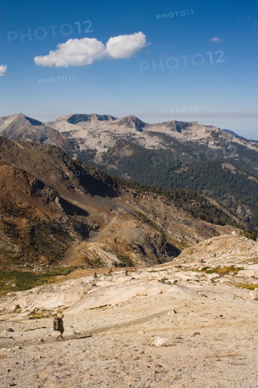 USA, California, Sequoia National Park, Five Lakes trail, Hiker walking. Photo: Noah Clayton