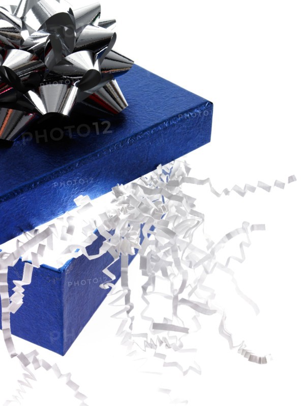 Studio shot of Blue Box and Blue Ribbon on white background. Photo : David Arky