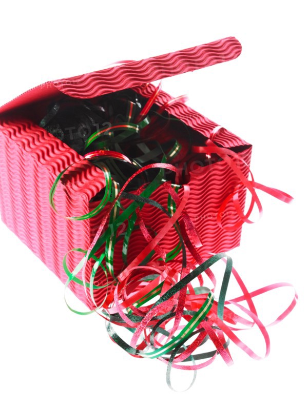 Studio shot of Red and Green Ribbon and Red Box on white background. Photo: David Arky