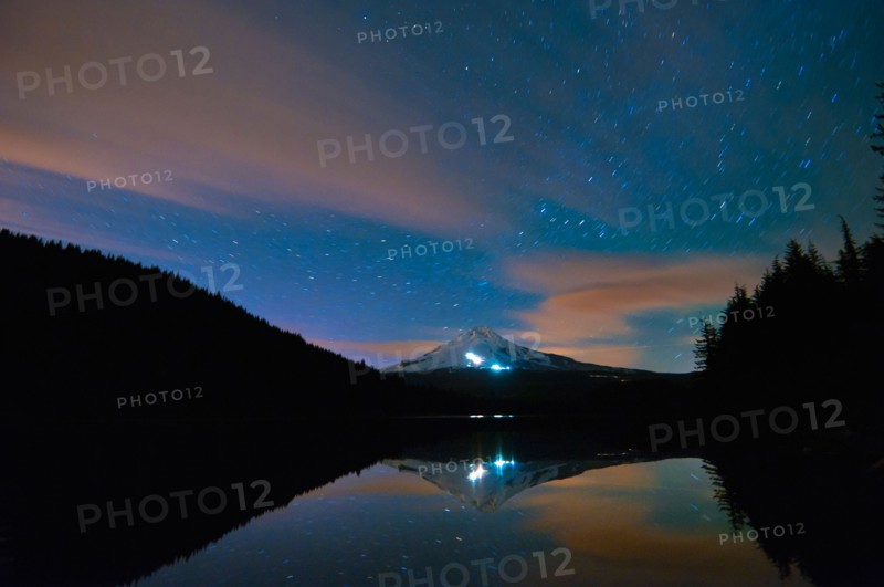 USA, Oregon, Clackamas County, View of Trillium Lake with Mt Hood in background at night. Photo: Gary J Weathers
