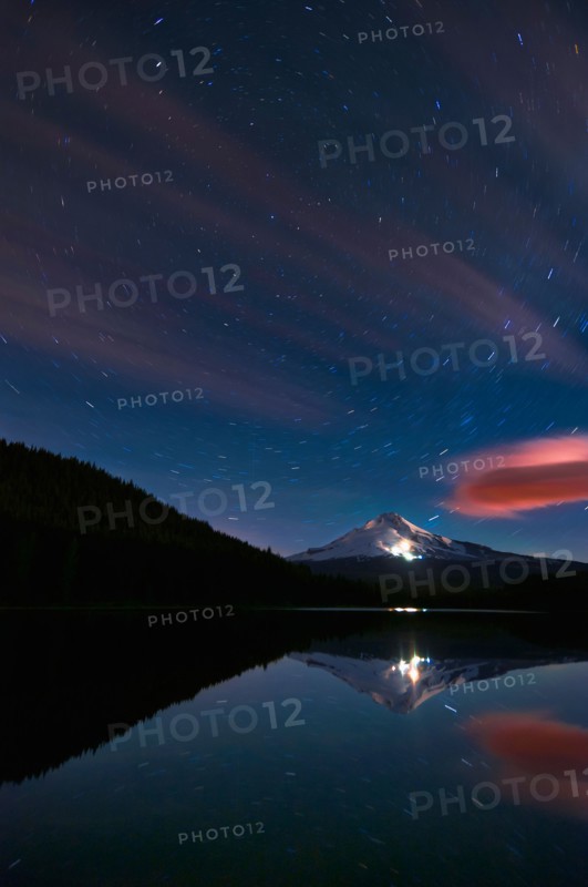 USA, Oregon, Clackamas County, View of Trillium Lake with Mt Hood in background at night. Photo: Gary J Weathers