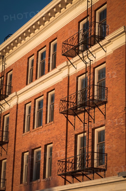 USA, Nevada, Goldfield, Building exterior with fire escapes. Photo: Gary J Weathers