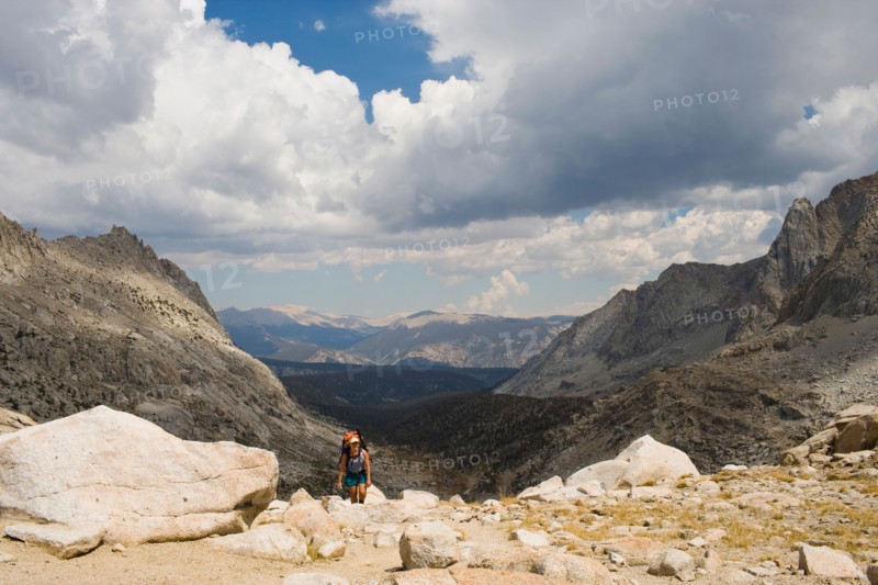 USA, California, Sequoia National Park, Five Lakes trail, Hiker walking. Photo: Noah Clayton