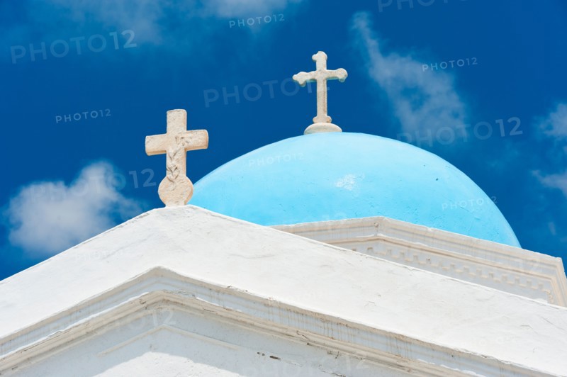 Greece, Cyclades Islands, Mykonos, Church dome with cross.