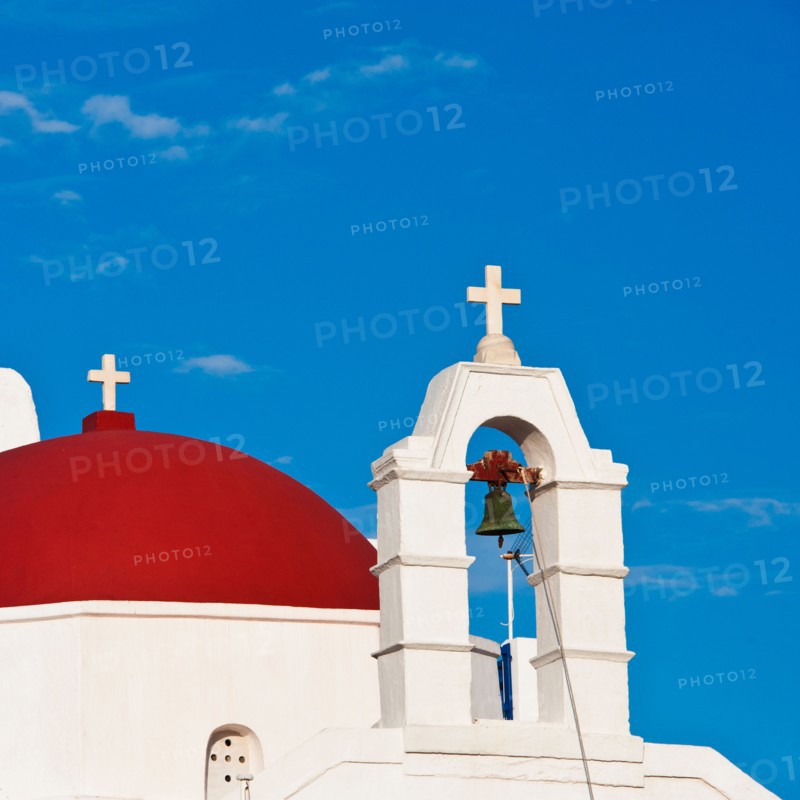 Greece, Cyclades Islands, Mykonos, Church with bell tower.