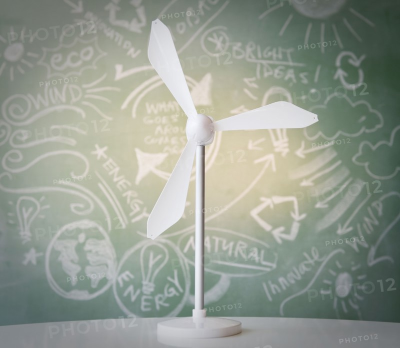 Close up of model of wind turbine against blackboard. Photo : Jamie Grill
