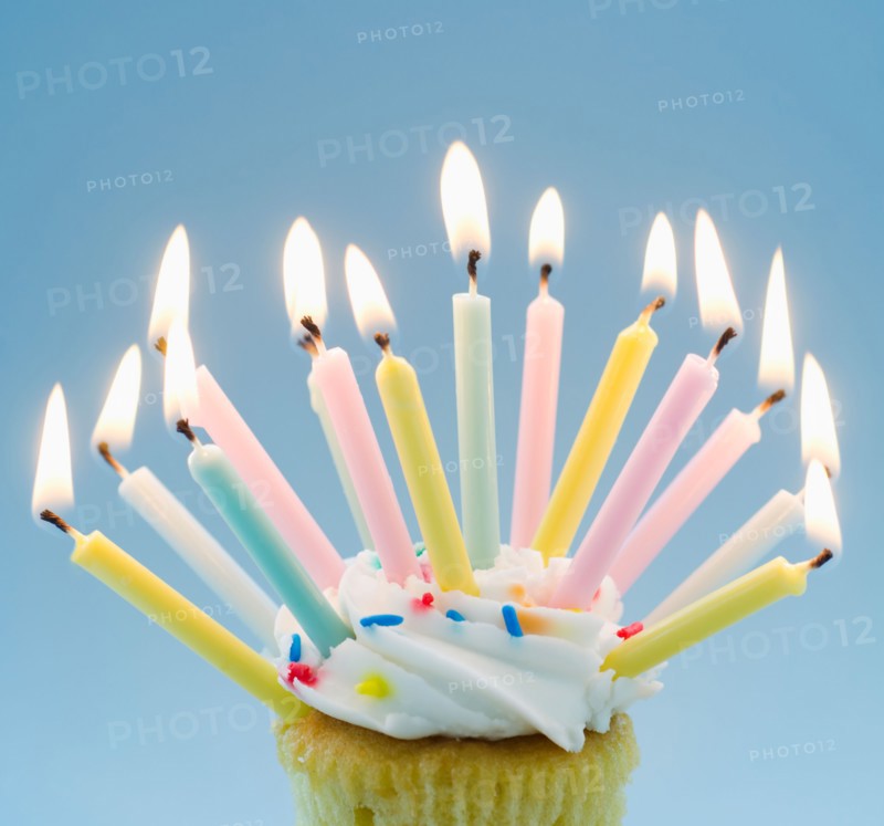 Lit candles on cupcake.