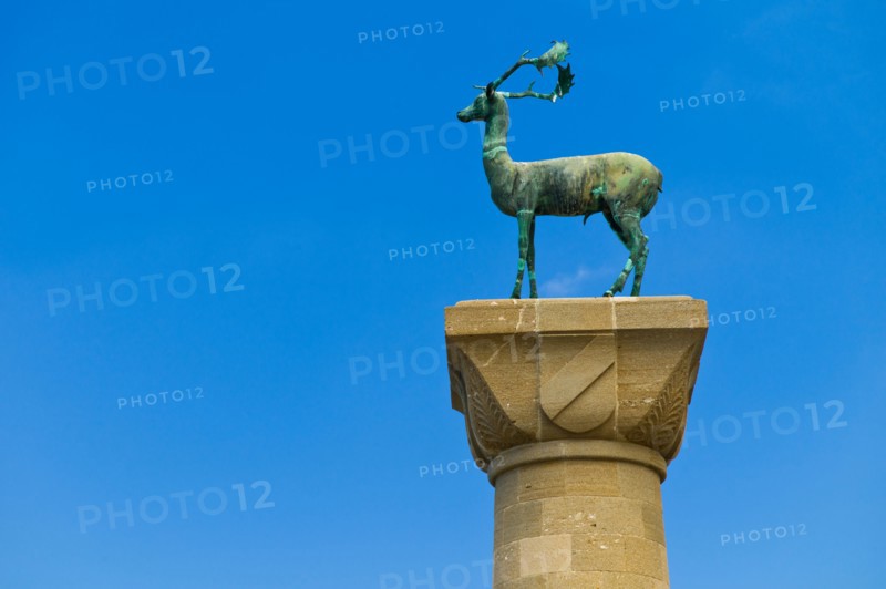 Greece, Rhodes, Deer statue in Mandraki Harbor.
