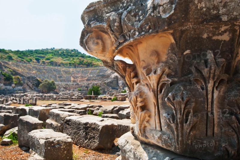 Turkey, Ephesus, Corinthian column in Roman amphitheatre.