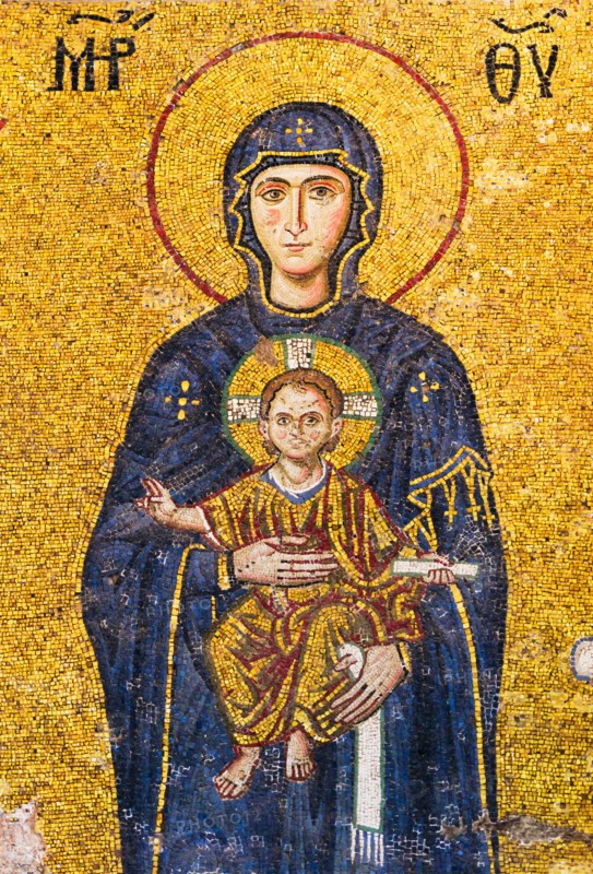 Turkey, Istanbul, Mosaic of Virgin mary holding Jesus in Haghia Sophia Mosque .