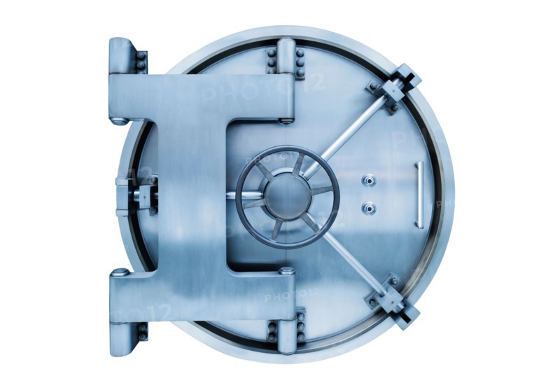 Bank vault door on white background.