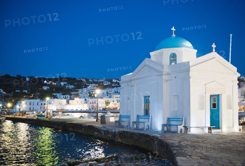 Greece, Cyclades Islands, Mykonos, Church in harbor.