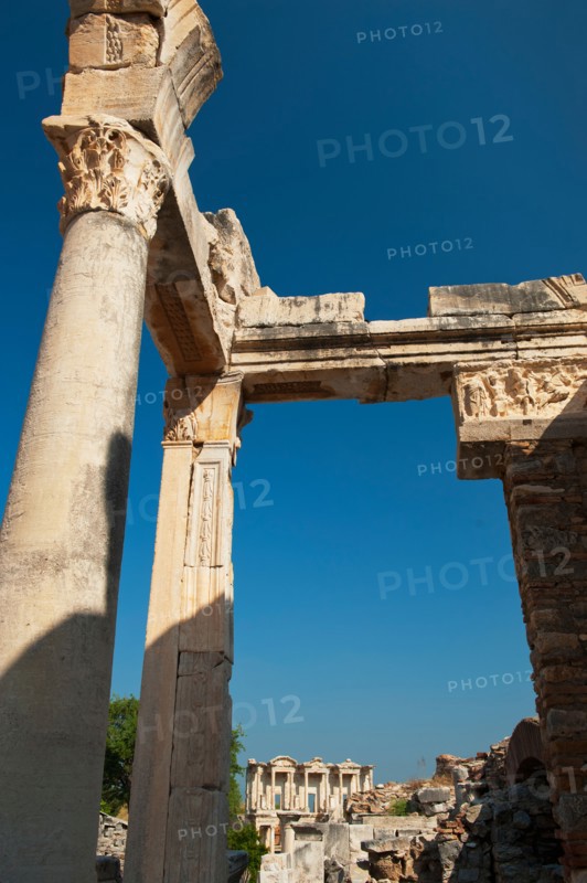 Turkey, Ephesus, Hadrian's Temple framing Celsus Library.