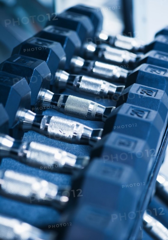 Row of dumbbells in gym. Photo : Daniel Grill