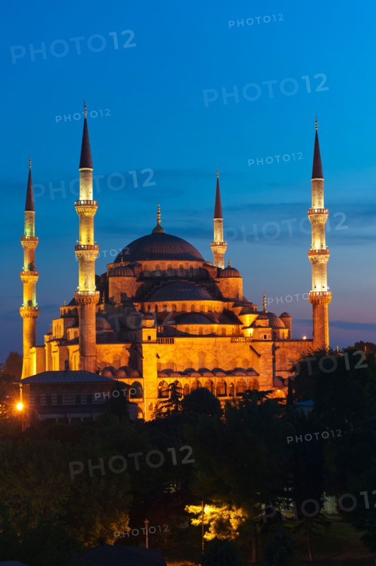 Turkey, Istanbul, Haghia Sophia illuminated at dusk.