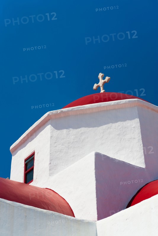Greece, Cyclades Islands, Mykonos, Church roof with cross.
