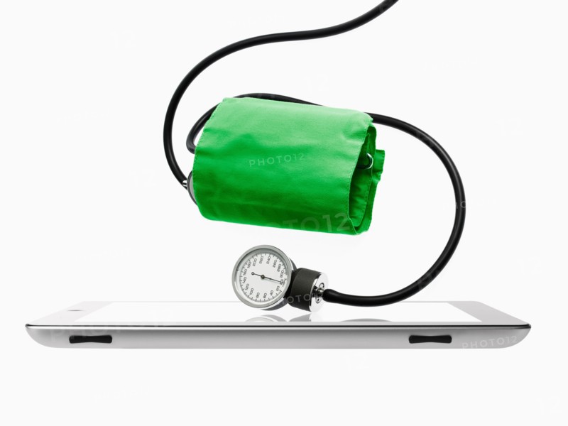 Studio shot of blood pressure gauge on digital tablet. Photo: David Arky
