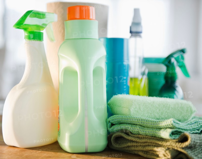 Close up of detergents and cleaning equipment. Photo: Jamie Grill