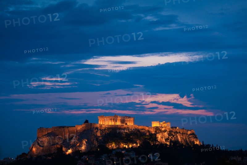 Greece, Athens, Acropolis illuminated at night.