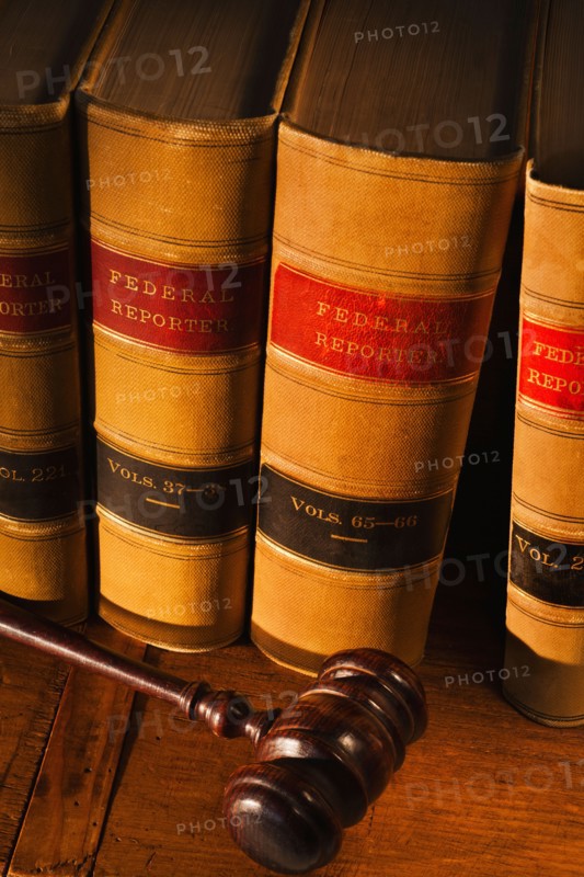 Studio shot of law books and gavel.