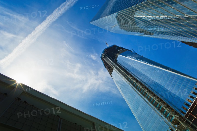 USA, New York, New York City, Lower Manhattan, Ground Zero, Freedom Tower seen from below.