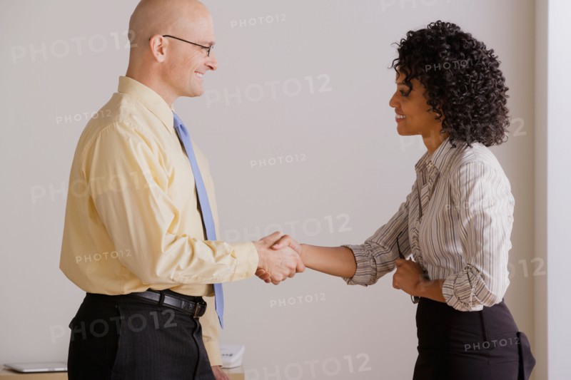 Businessman and businesswoman handshake during meeting. Photo : Rob Lewine