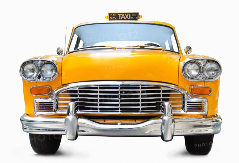 Classic yellow cab on white background.