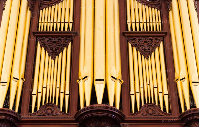 USA, South Carolina, Charleston, Close up of church pipe organs.