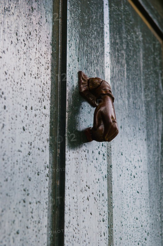 USA, South Carolina, Charleston, Close up of door knocker on door in rain.