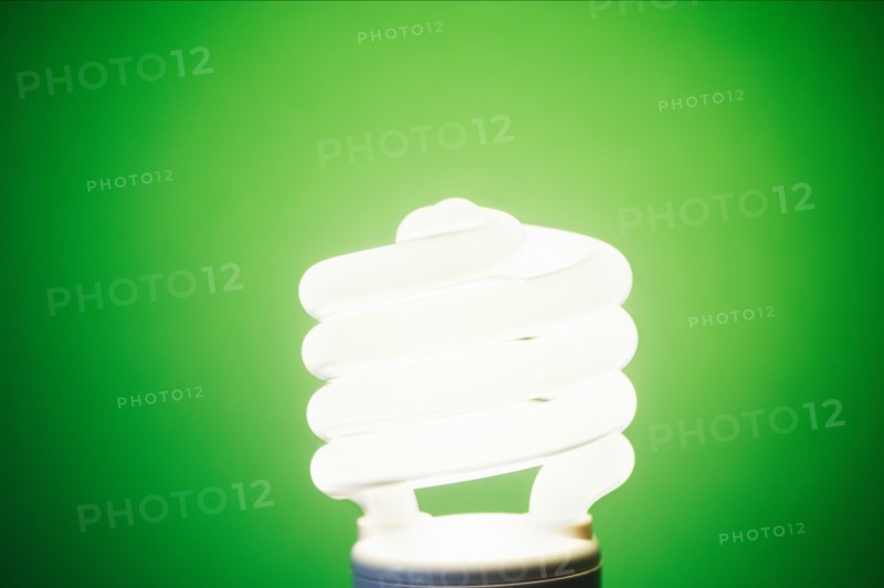Studio shot of energy efficient lightbulb on green background.