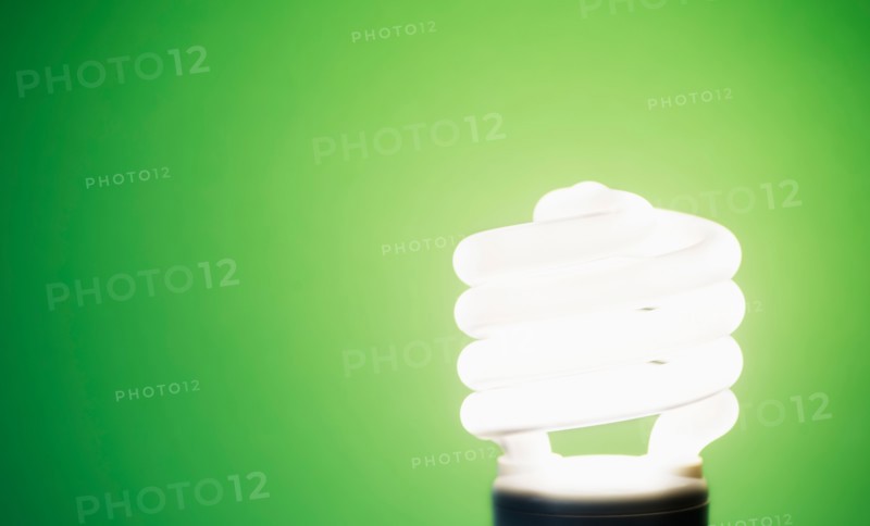 Studio shot of energy efficient lightbulb on green background.