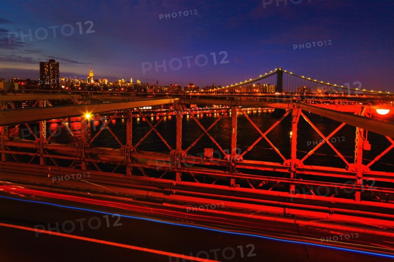 USA, New York State, New York City, Midtown Manhattan and Brooklyn Bridge at dusk.