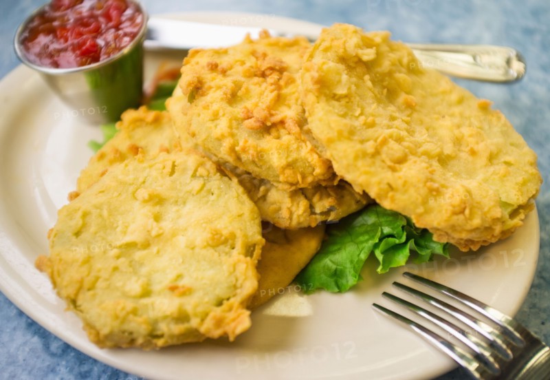 USA, South Carolina, Charleston, Close up fried green tomatoes on plate.