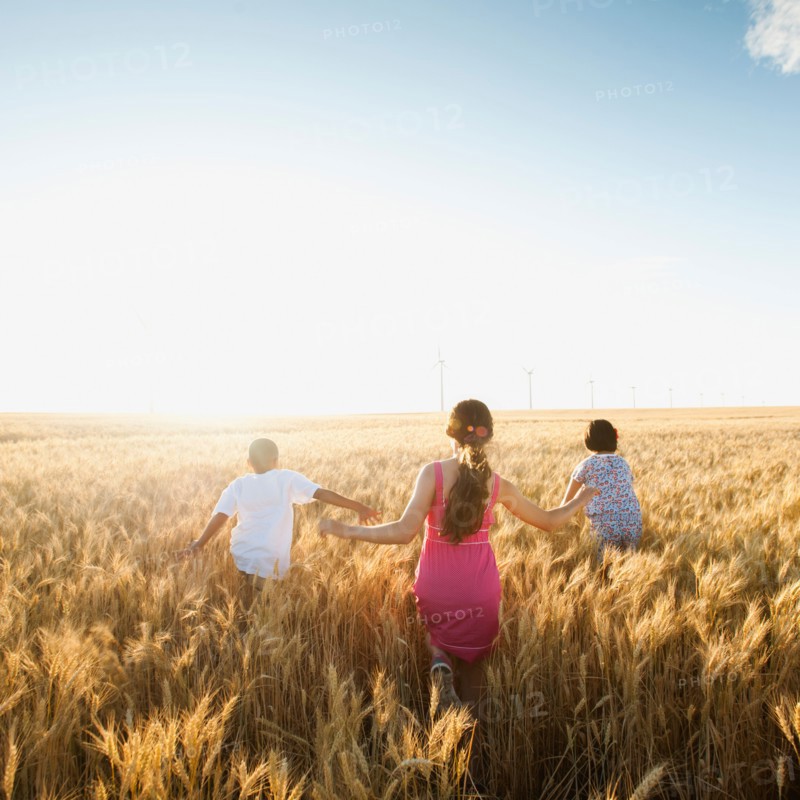 Girls (10-11, 12-13) and boy (8-9) walking though wheat field.