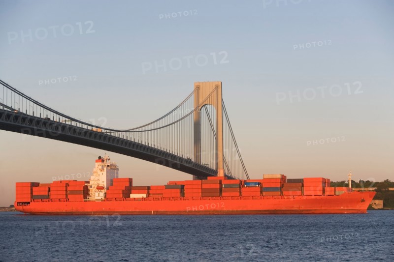 USA, New York State, New York City, Brooklyn, Container Ship under Verrazano-Narrows Bridge. Photo : fotog