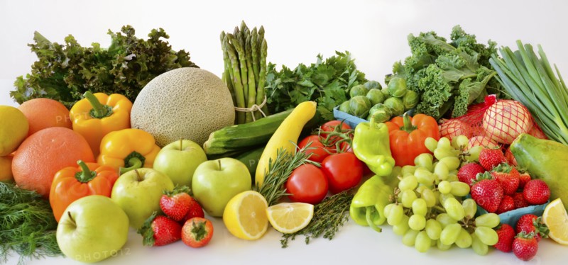 Fresh veggies and fruits, studio shot.