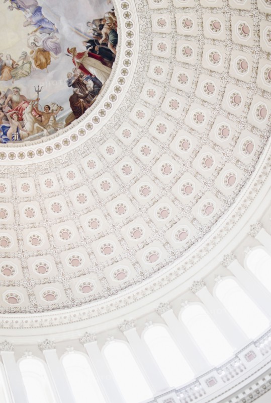 USA, Washington DC, Capitol Building, Close up of fresco and coffers on ceiling. Photo: Jamie Grill
