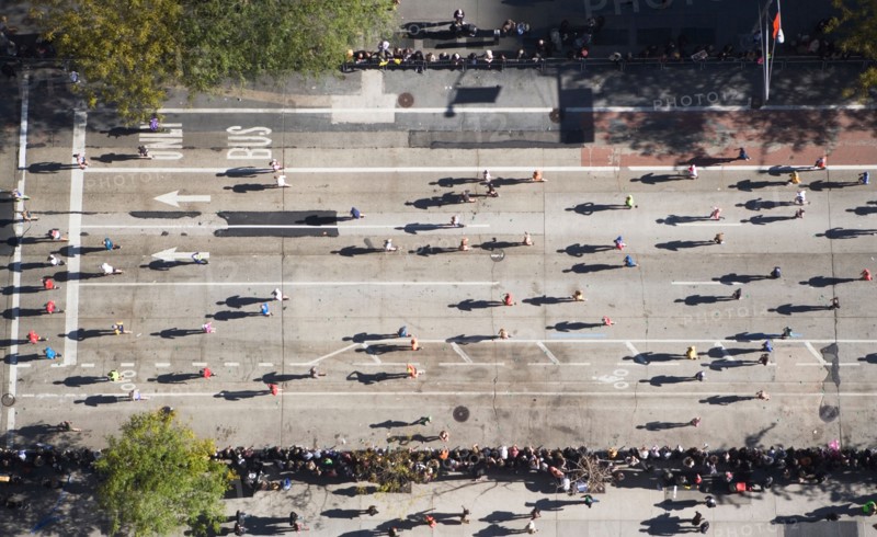 USA, New York City, New York City Marathon as seen from above. Photo: fotog